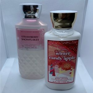 New! Bath and body strwberry snwflakes shwr gel 10fl, wnter cndy lotion 8fl oz